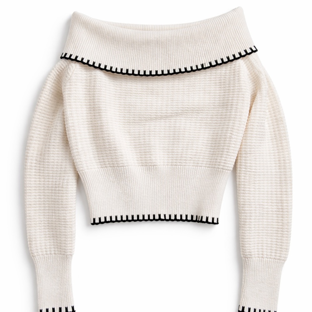 Altar'd State Off-Shoulder Sweater in Cream with Black Trim